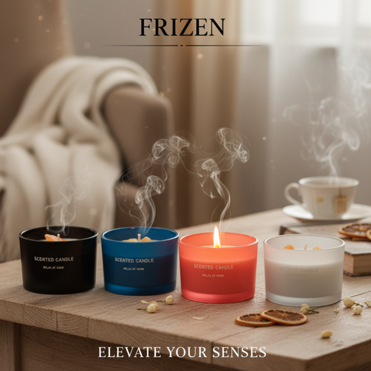 Four scented candles on a wooden surface with 'FRIZEN' branding and 'Elevate Your Senses' text.