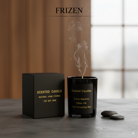 Black scented candle with packaging and smoke in a blurred indoor setting
