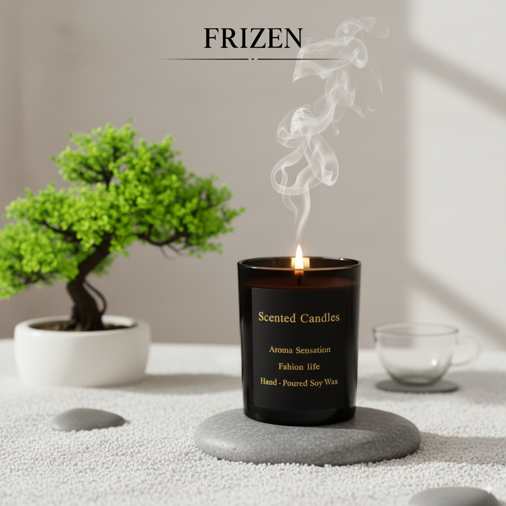 Black scented candle with smoke, potted plant, and glass bowl in the background on a light surface.